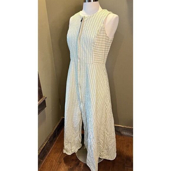 Ann Mashburn Full Zip Sleeveless Green/Cream Belted Pocket Midi Dress L 100% Cot - Picture 7 of 11